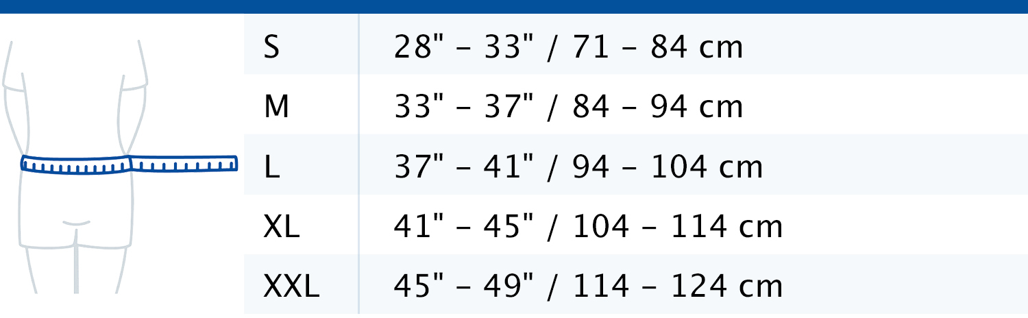 Size chart showing measurements for Actimove Sports Edition Back Support with 4 Stays and Adjustable Double Layer Compression
 Size chart showing measurements for Actimove Sports Edition Back Support with 4 Stays and Adjustable Double Layer Compression